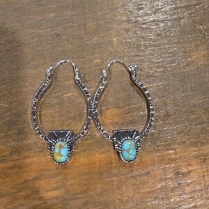 Fashion Jewelry Silver-Tone Hoop Earrings with Turquoise and Brown Accents